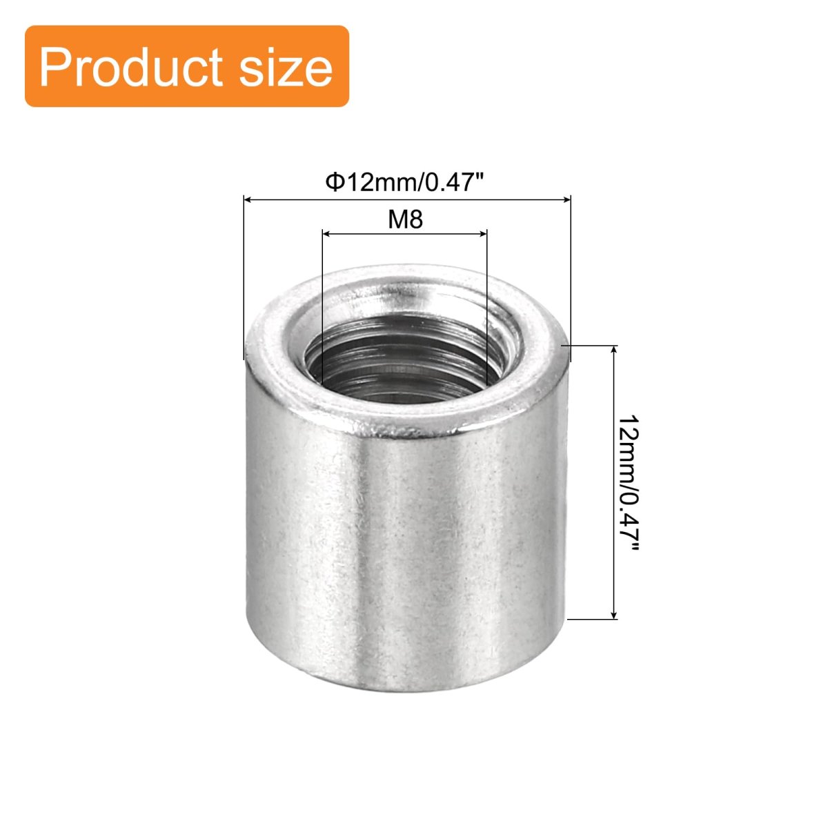20pcs Round Weld Nuts M8x12x12mm Long On Bung Female Nut Threaded 304 Stainless Steel Connector Sleeve Rod Bar Stud Silver