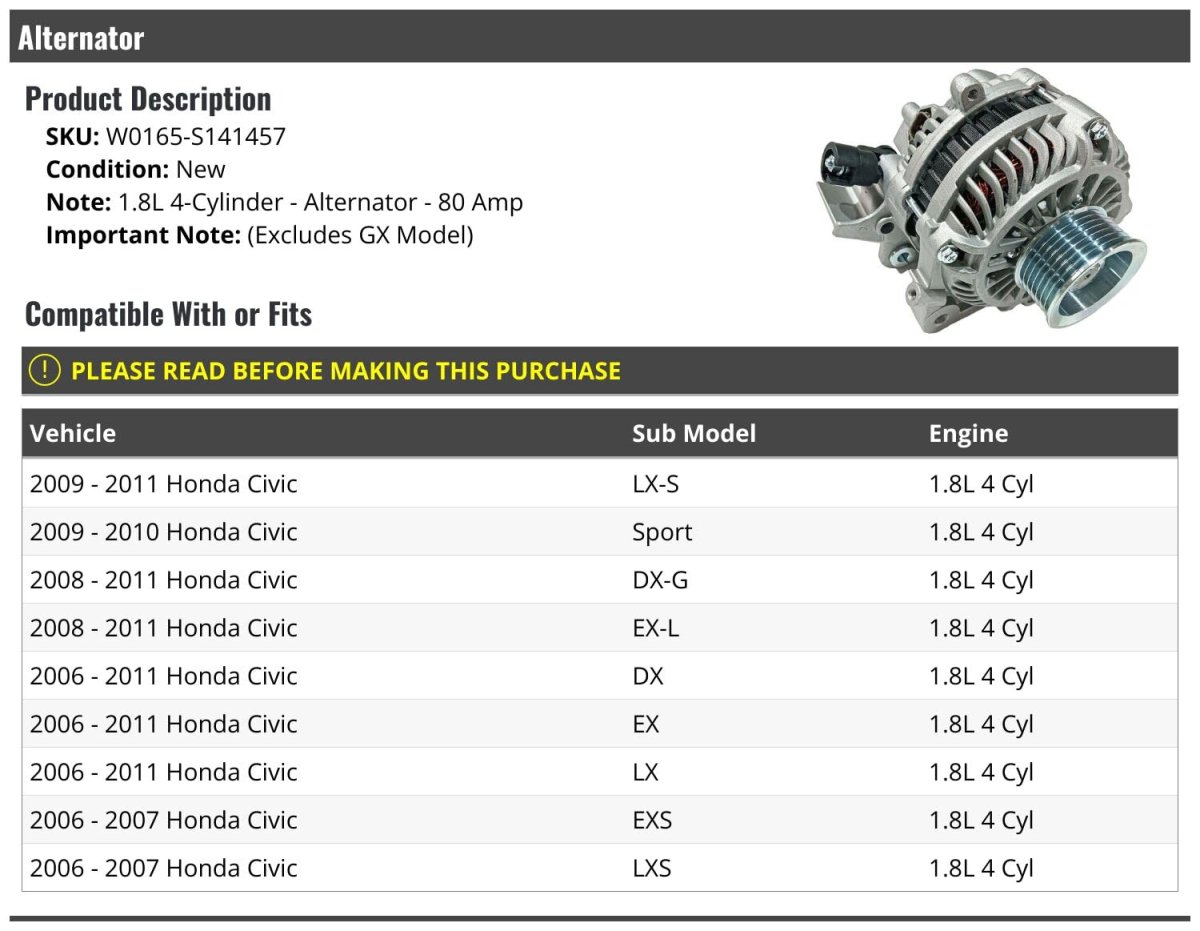 Alternator 80 Amp For 2006 2011 Honda Civic 1 8l 4 Cylinder Excludes Gx Model