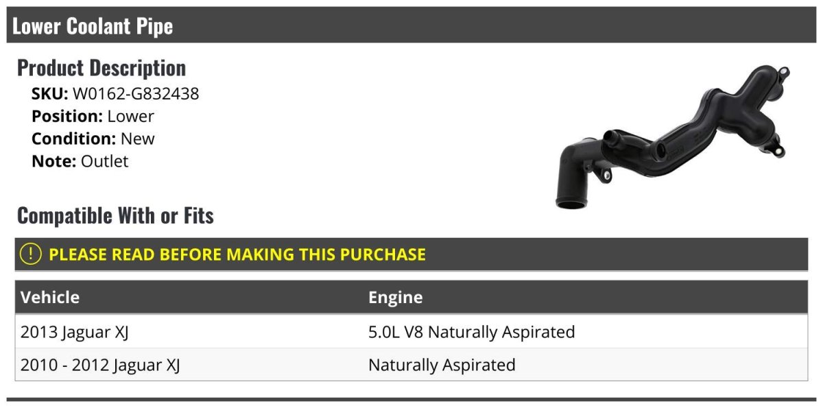 Lower Outlet Coolant Line For 2010 2013 Jaguar Xj Fits 5 0l V8 Naturally Aspirated And 2012 Models W0162-g832438