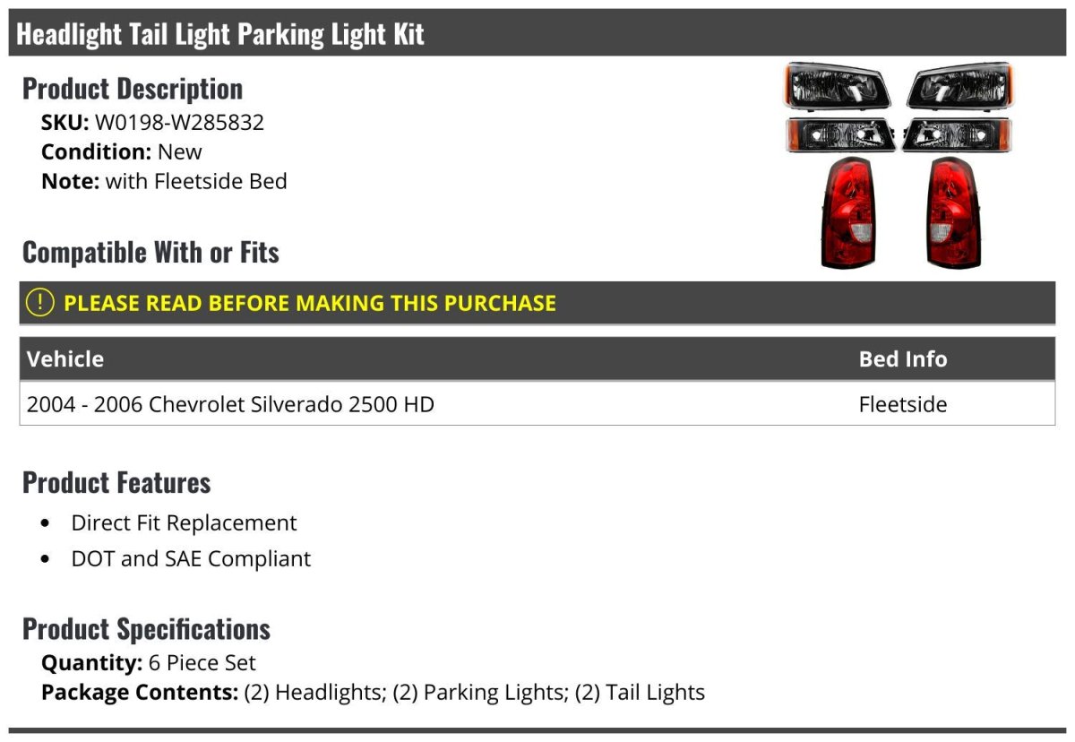 Headlight Tail Light Parking Kit 6 Piece Set For 2004-2006 Chevy Silverado 2500 Hd With Fleetside Bed
