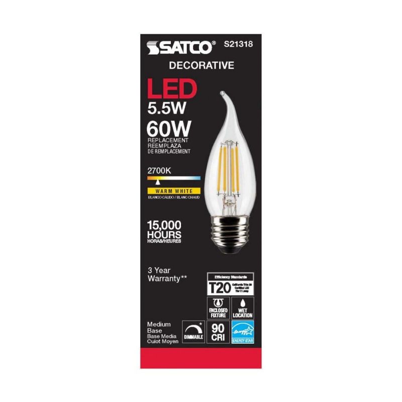 Satco 6pk 5 5w Ca10 Led 2700k Medium Base Dimmable 60w Equiv