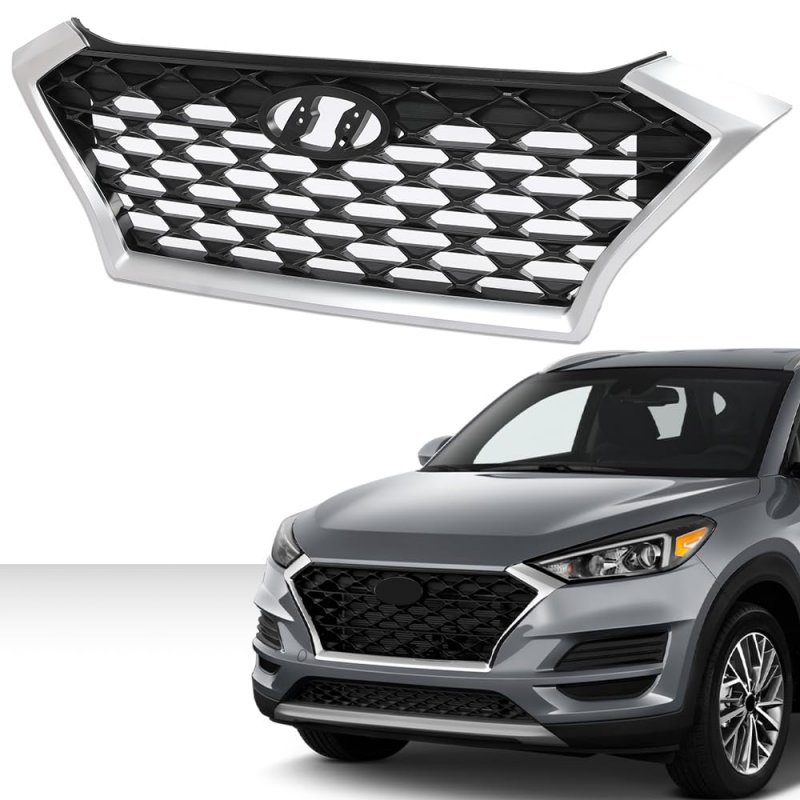 Front Upper Bumper Grille Chrome Gray Black W Black Accents For Hyundai Tucson 2019 2020 2021 For Models Without Camera