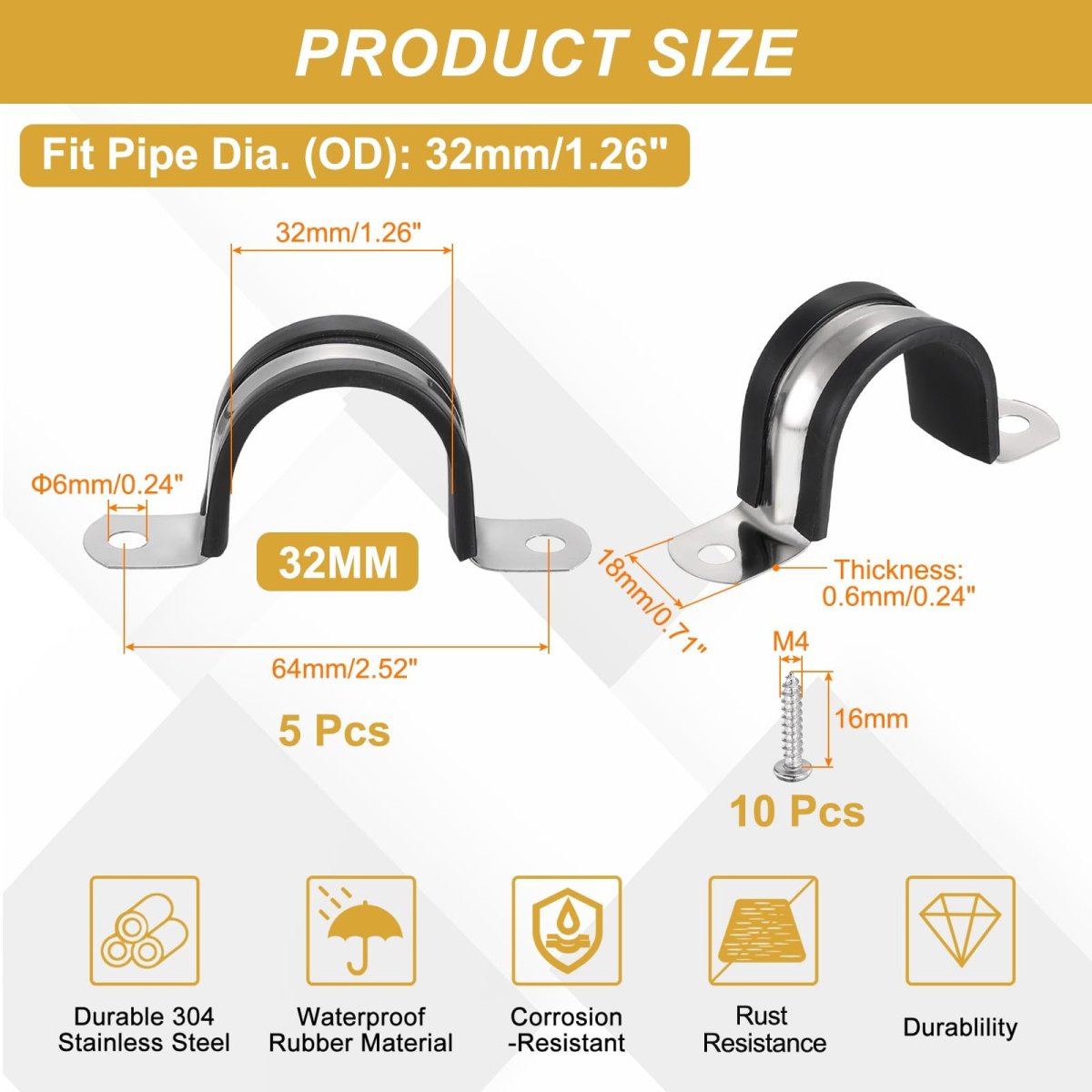 5pcs 32mm 1-1 4 Cable Clamp 2 Hole 304 Stainless Steel Rubber Coated Cushion Insulated Clamps U Holder Pipe Strap With