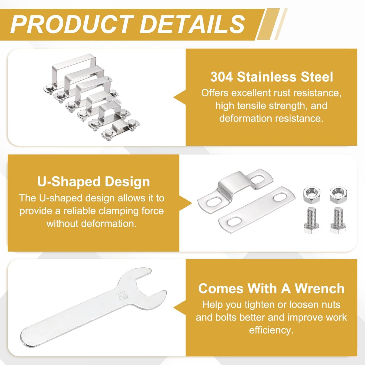 U Shape Square Tube Clamp 40x20mm Shaped Bracket 304 Stainless Steel Strap With Bolt Plate Nuts And Wrench For Pipes Door