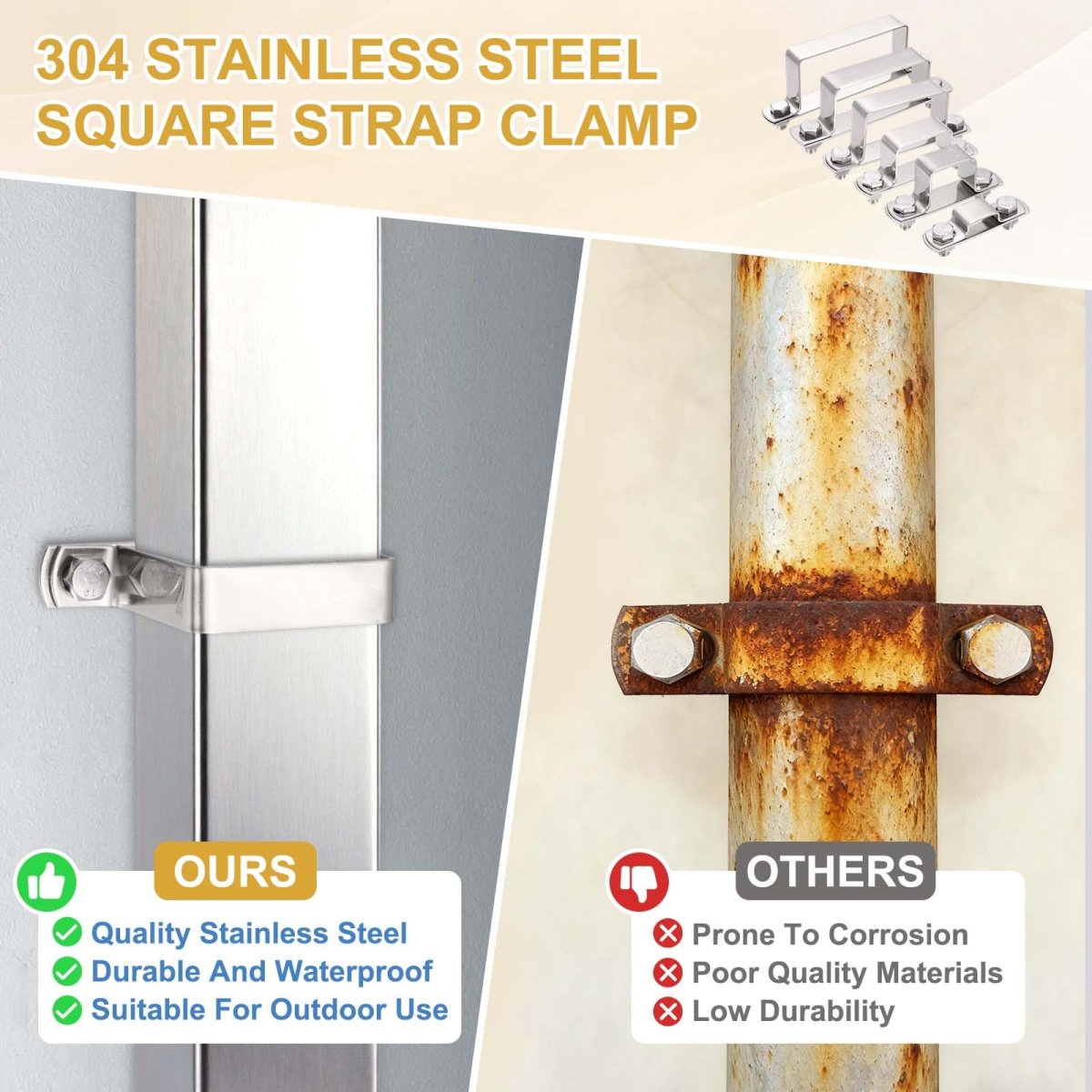 U Shape Square Tube Clamp 40x20mm Shaped Bracket 304 Stainless Steel Strap With Bolt Plate Nuts And Wrench For Pipes Door