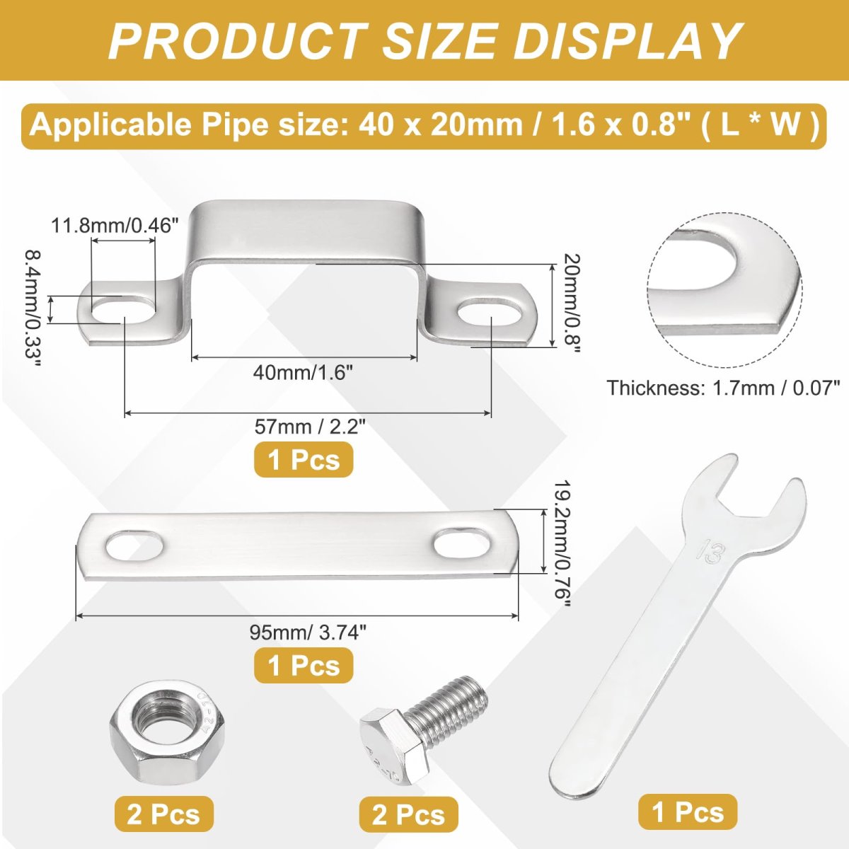 U Shape Square Tube Clamp 40x20mm Shaped Bracket 304 Stainless Steel Strap With Bolt Plate Nuts And Wrench For Pipes Door