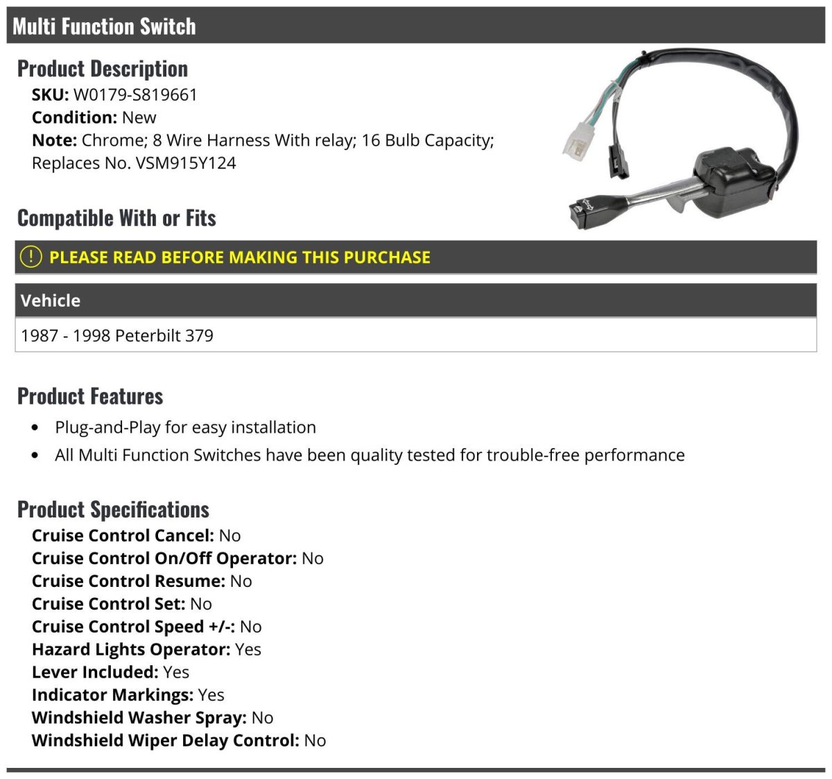 Multi Function Switch With Wire Harness And Relay 16 Bulb Capacity For 1987-1998 Peterbilt 379
