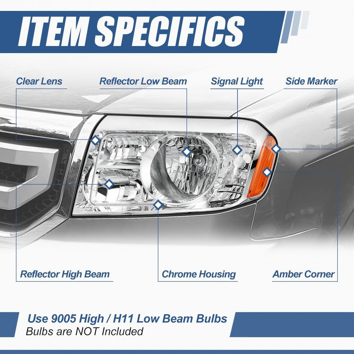 Auto Dynasty Ho2518125 Factory Style Halogen Headlight Assembly For Honda Pilot 2009-2011 Driver Left Side Chrome Housing Amber