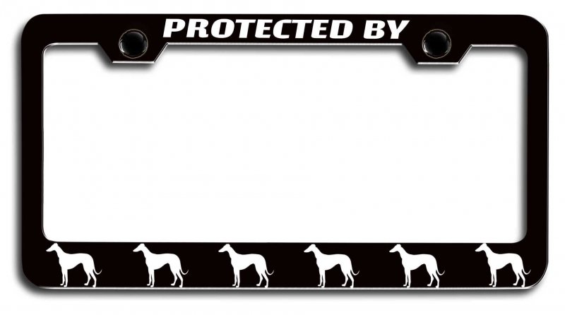 Protected By Greyhound Dogs Pets Black Metal License Plate Frame Tag Holder H77
