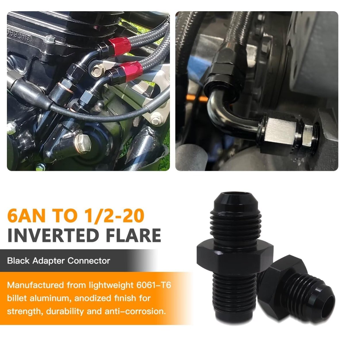 6an Male Flare To 1 2 X0 Inverted Straight Hose Fitting Adapter Connector Black Fuel Pack Of 2