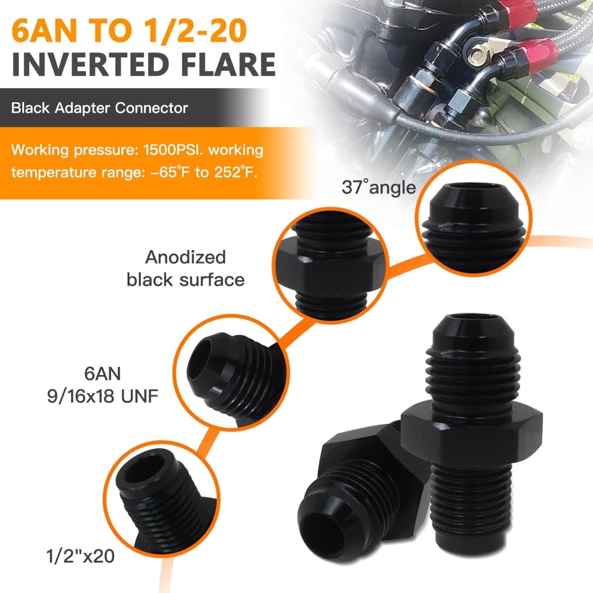 6an Male Flare To 1 2 X0 Inverted Straight Hose Fitting Adapter Connector Black Fuel Pack Of 2