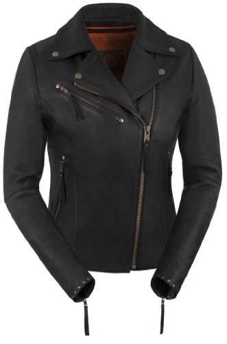 True Element Womens Premium Riveted Asymmetrical Motorcycle Leather Jacket Black Size S