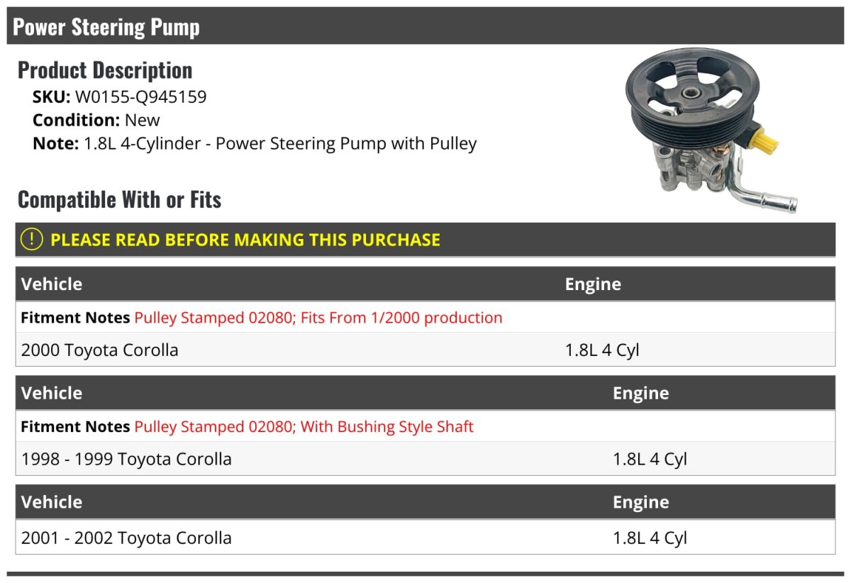 Power Steering Pump With Pulley For 1998 2002 Toyota Corolla 1 8l 4 Cylinder W0155-q945159