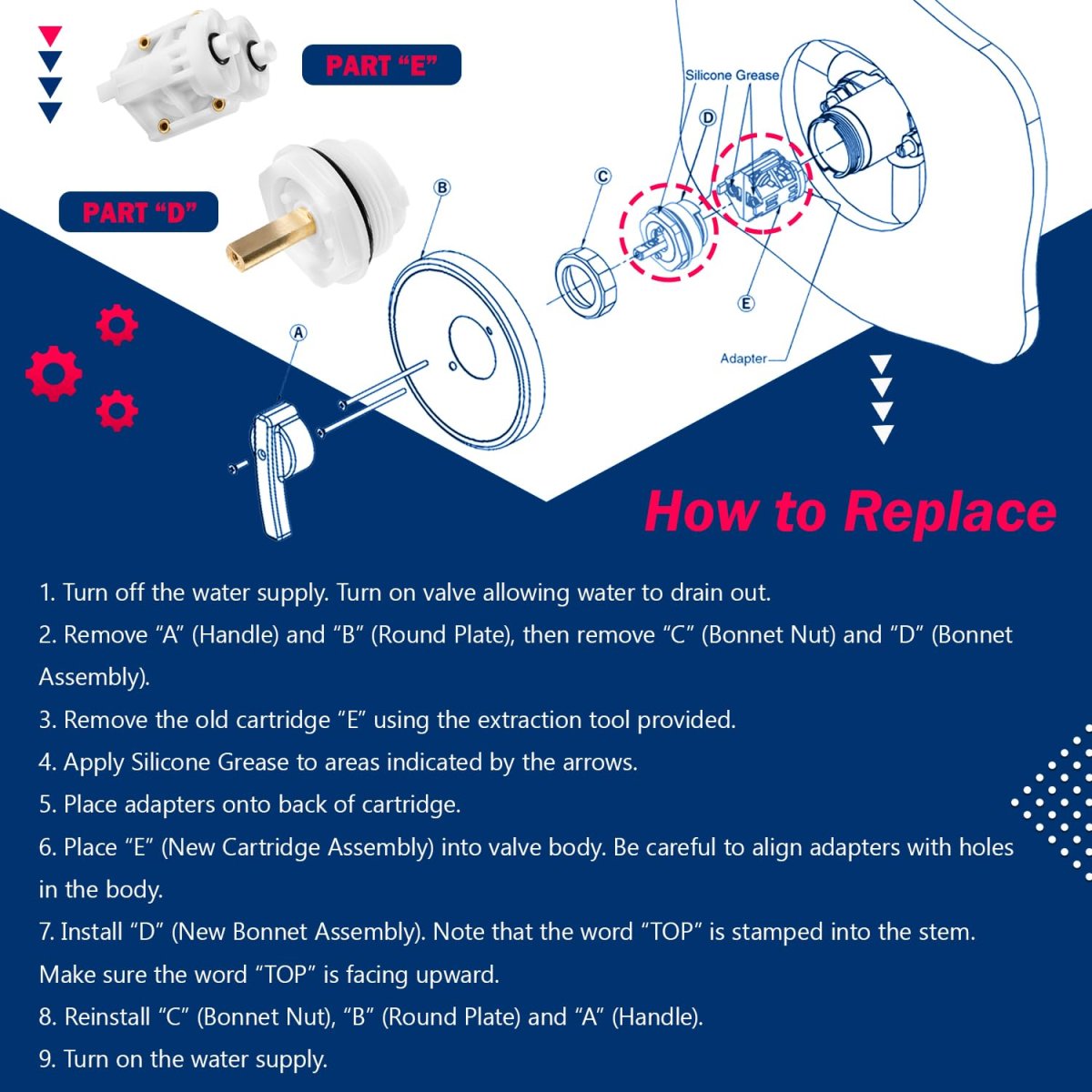 900-232 Shower Valve Cartridge Replacement Kit For Powers Style Corrosion Resistant Tub And With Gaskets O-rings
