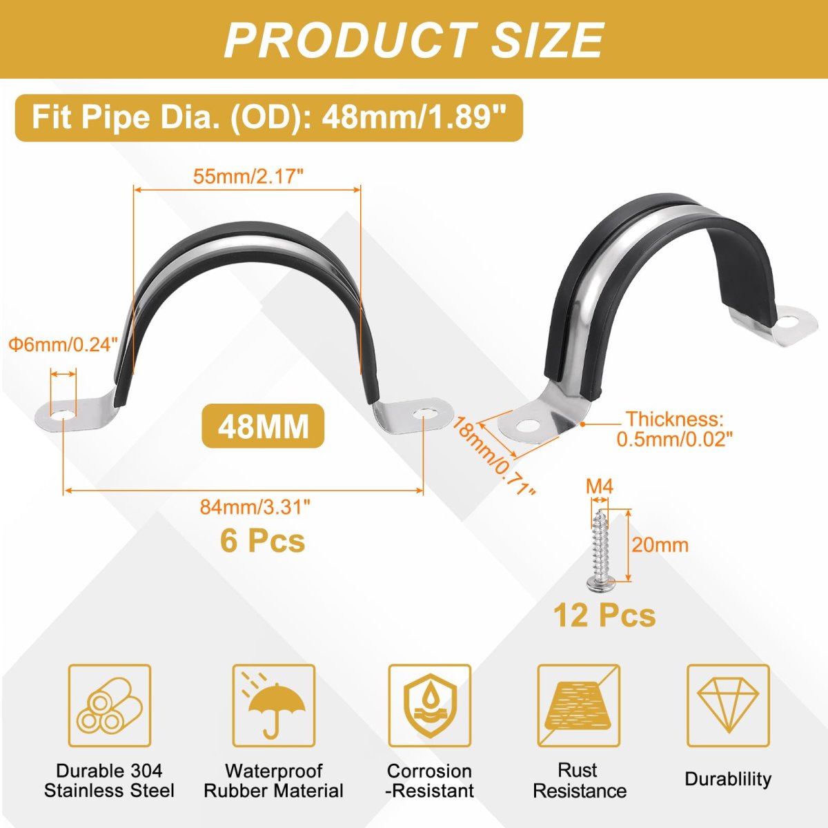 6pcs 48mm 1-7 8 Cable Clamp 304 Stainless Steel Rubber Coated Cushion Insulated Clamps U Holder Pipe Strap With M4x20mm Screws