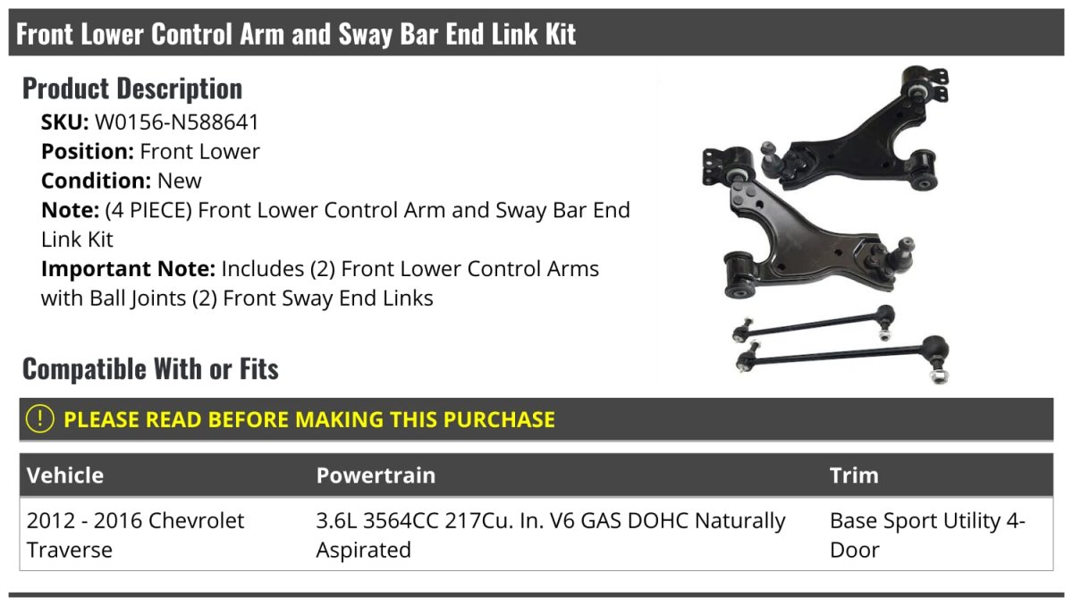 Front Lower Control Arm Ball Joint And Sway Bar End Link Kit 4 Piece For 2012-2016 Chevy Traverse
