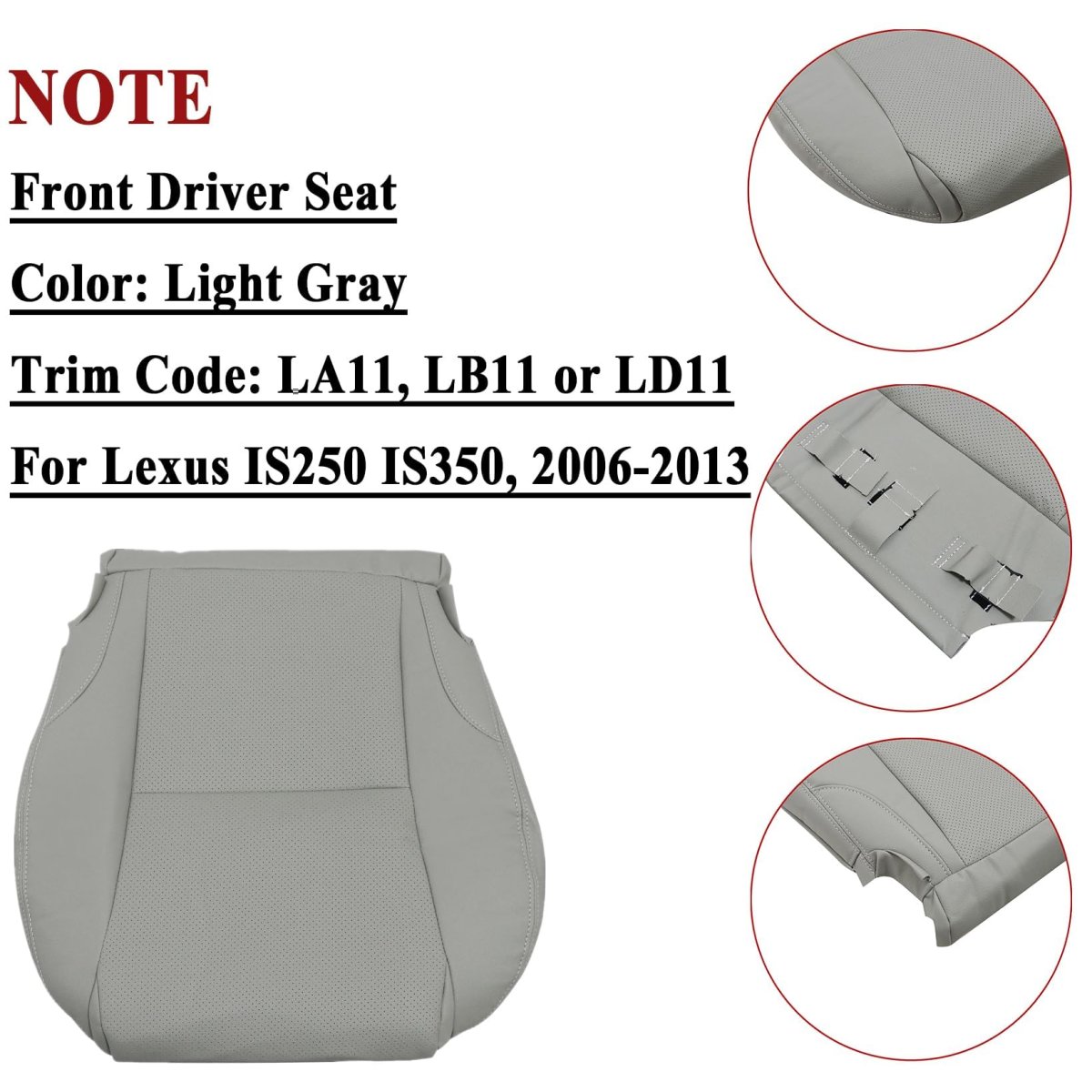 Light Gray Perforated Microfiber Leather Driver Side Bottom Seat Cover For Lexus Is250 Is350 2006 To 2013 Custom Fit