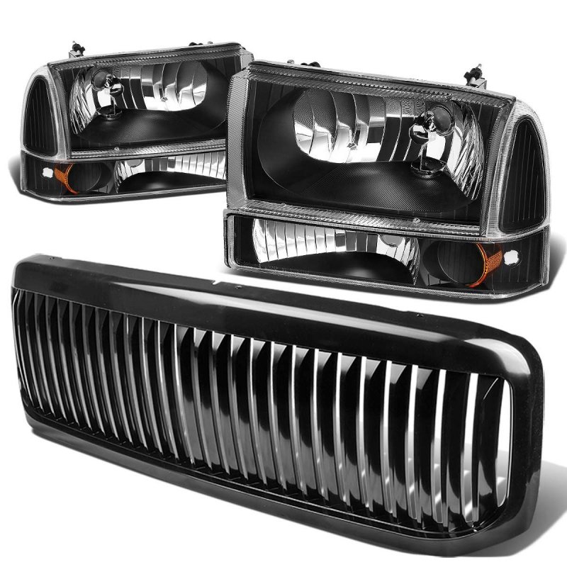 Black Housing Headlights Assembly Bundle With Front Bumper Vertical Style Grille Compatible Ford Super Duty F250 F350 F450 F550