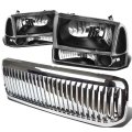 Auto Dynasty Black Housing Headlights Assembly Pair Bundle With Chrome Vertical Style Front Grille For Ford Super Duty F250 