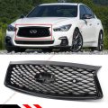 Glossy Black Out Front Bumper Upper Grille Replacement Compatible For 2018-2022 Infiniti Q50 Models With Sensor Holes