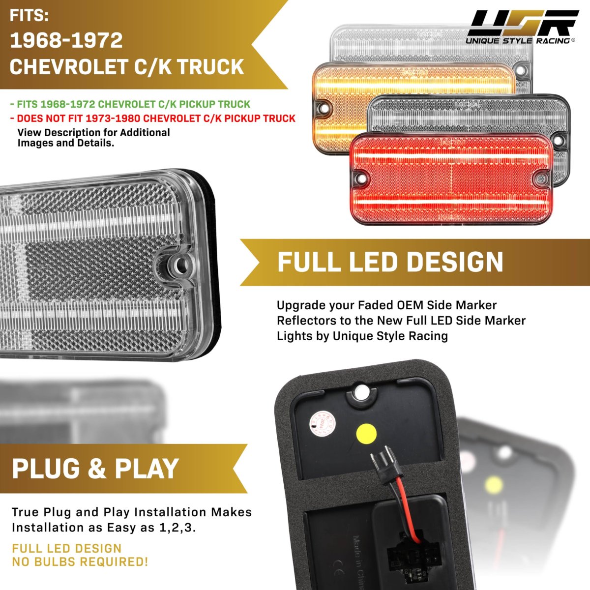 Usr 68-72 C K Series Piup Side Marker Light A 4pc Front Rear Parking Lamps Left Right Set For 1968-1972hevy C K Pick Up Truck