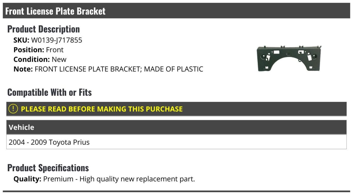 Front License Plate Bracket For 2004 2009 Toyota Prius Plastic Bumper Mount W0139-j717855