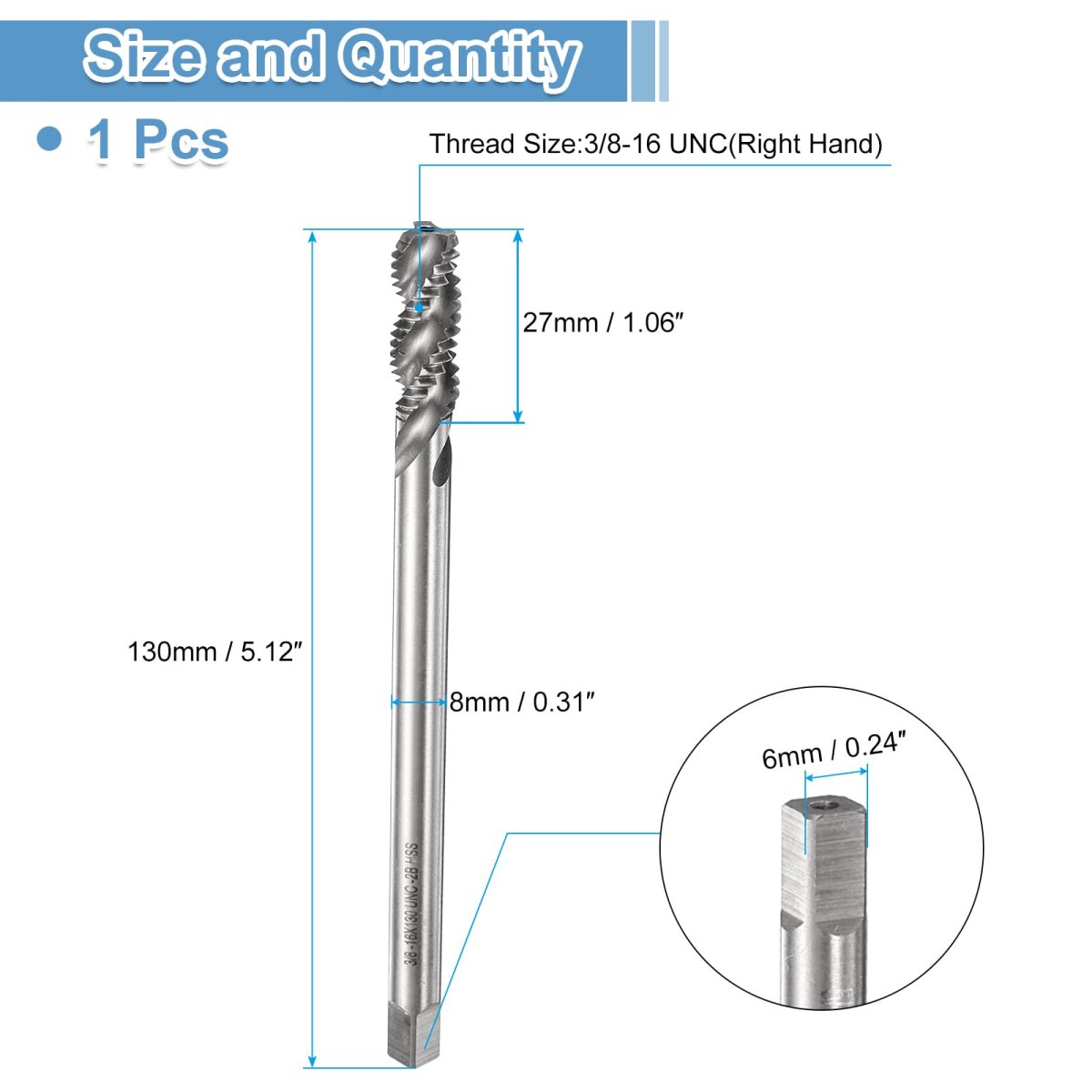 Spiral Flute Thread Taps 3 8-16 Unc 2b Machine Threading Tap Bit M2 High Speed Steel Hss Uncoated Screw Tapping Repair Tool