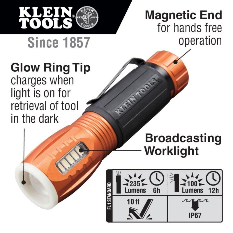 Klein Tools 56028 Led Flashlight And Work Light Durable Waterproof Compact Hands-free Magnetic End Runs To 12 Hours For Outdoor