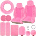 Tallew 12 Pieces Pink Fluffy Car Accessories Set Front Seat Covers Fuzz Steering Wheel Handbrake Gear Shift Plush Belt Shoulder 