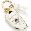 Ctrinews For Bmw Key Fob Cover With Metal Braided Ropechain Accessories Upgraded Blade Shape Soft Case New Smart Key Gold Edge 