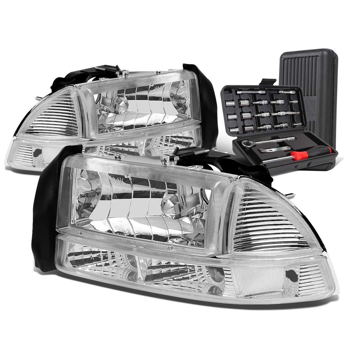 Auto Dynasty Chrome Housing Clear Corner Headlight W Bumper Lamps Tool Kit For Dodge Dakota Durango 97-04