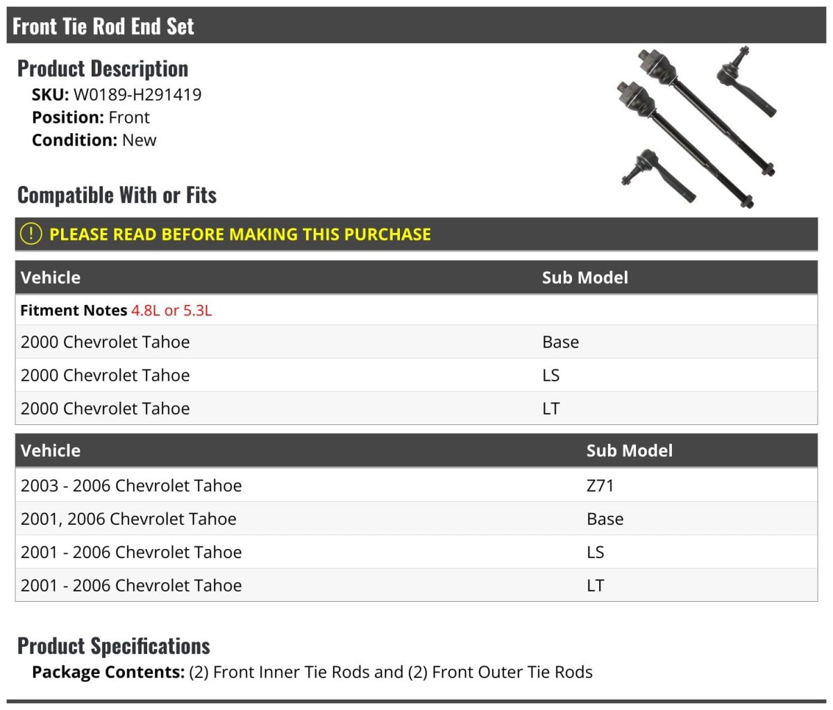 Front Tie Rod End Set Of 4 For 2000-2006 Chevy Tahoe