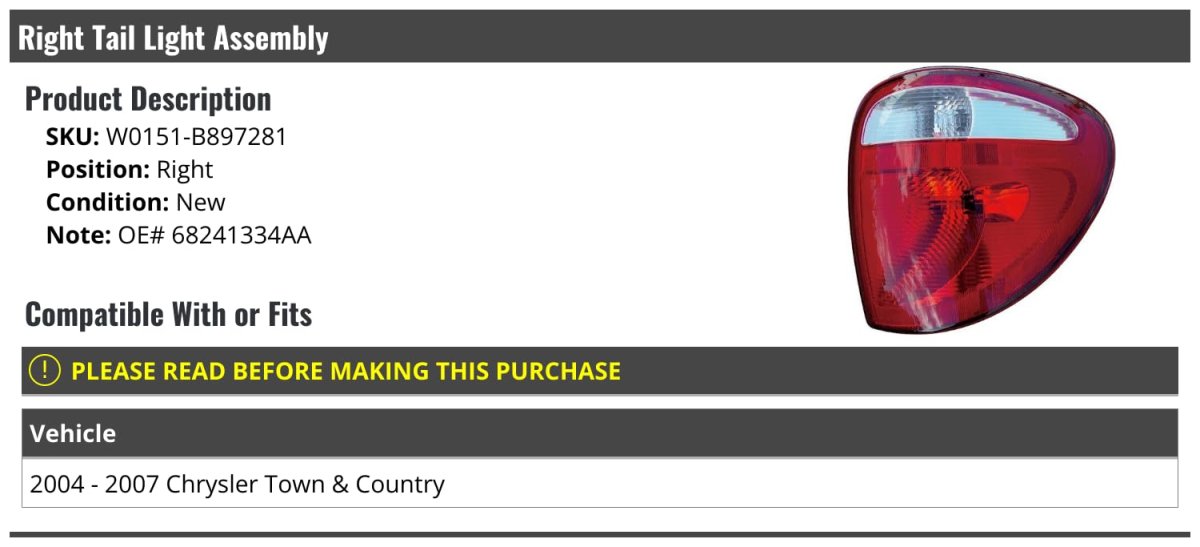 Right Passenger Side Tail Light Assembly For 2004 2007 Chrysler Town And Country Red Led Polycarbonate Lens Part Number W0151
