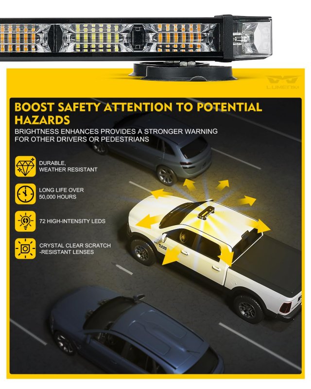 Lumenix Rooftop Strobe Beacon Lights Bar White Amber Led Emergency Traffic Security Lightbar Magnetic Base Warning Flashing