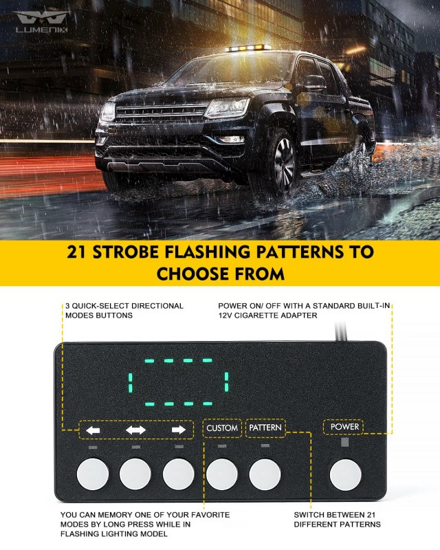 Lumenix Rooftop Strobe Beacon Lights Bar White Amber Led Emergency Traffic Security Lightbar Magnetic Base Warning Flashing