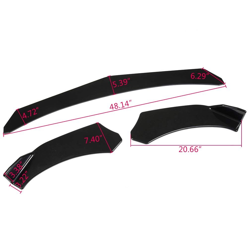 Universal Front Bumper Lip Splitter Diffuser 3 Piece Set Sharp Edge Gloss Black Polypropylene For Cars
