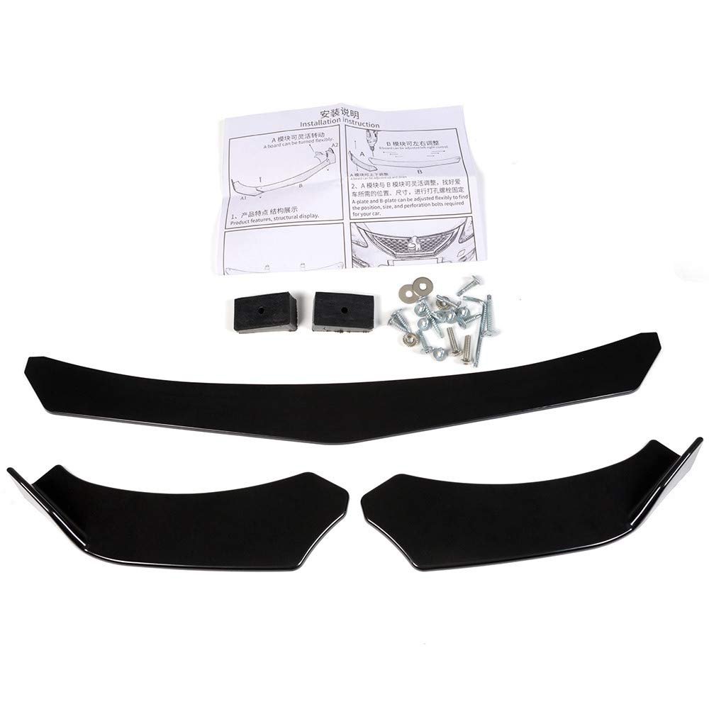 Universal Front Bumper Lip Splitter Diffuser 3 Piece Set Sharp Edge Gloss Black Polypropylene For Cars
