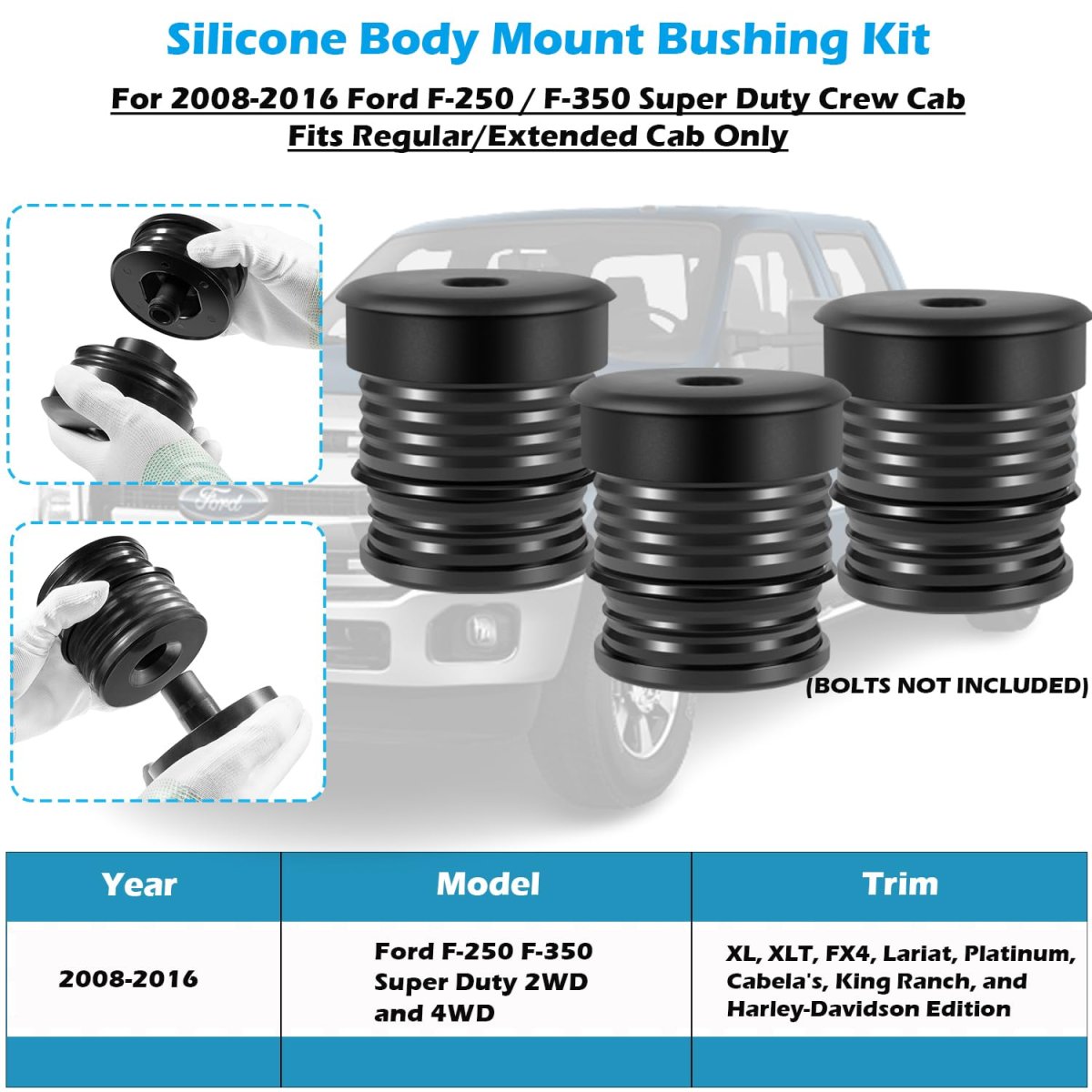 Silicone Body Mount Kit For Ford F-250 F-350 Regular Extended Cab 2008-2016 Bushings Improve Bumpy Ride Durable Components