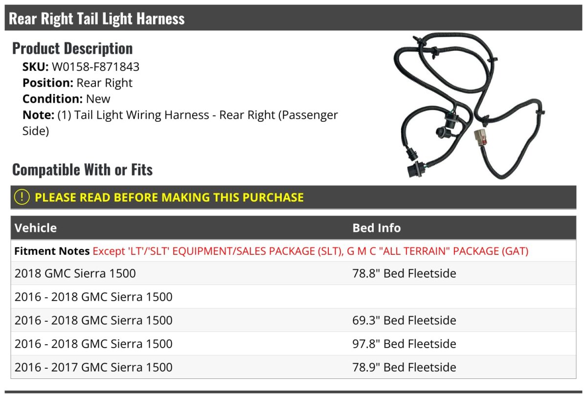 Rear Right Passenger Side Tail Light Harness For 2016-2018 Gmc Sierra 1500 Except Lt Slt Models And Without Package Slt All