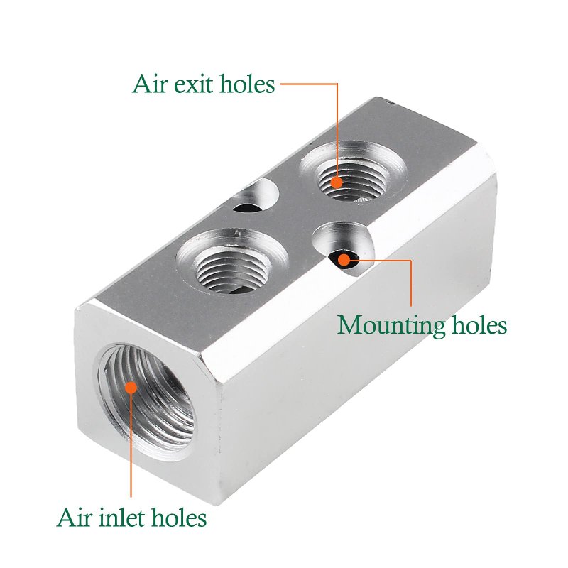 2 Way Pneumatic Manifold Air Distribution Block Compressed With 18mm Inlet And 12mm Outlet For Compressor Silver Aluminum Alloy