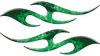 Reflective Simple Tribal Style Flame Graphics With Silver Outline In Green Inferno
