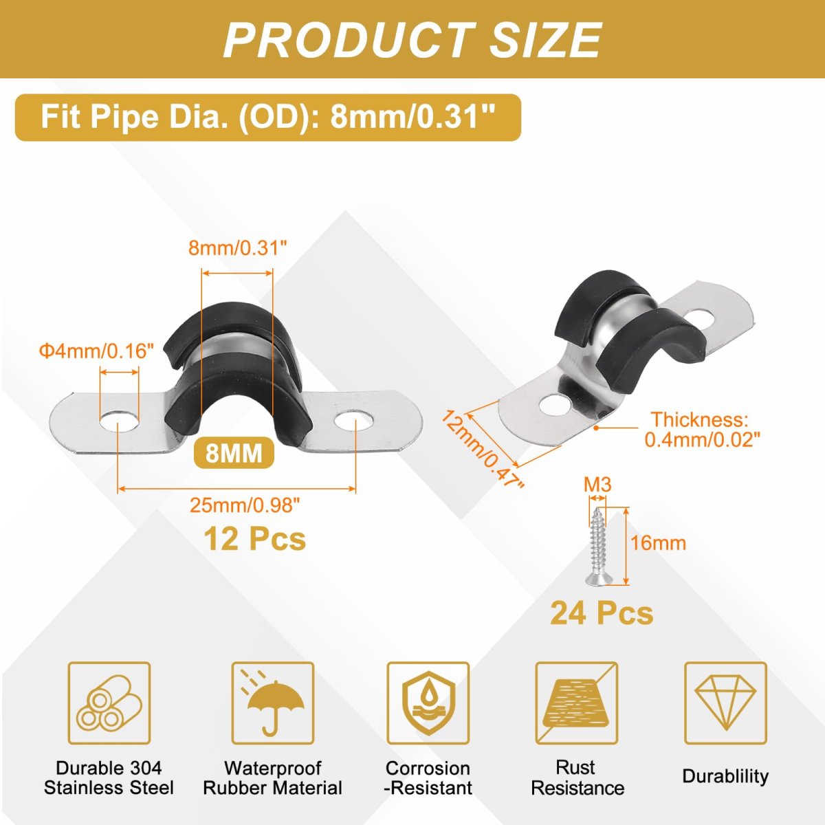 12pcs 8mm 5 16 Cable Clamp 304 Stainless Steel Rubber Coated Cushion Insulated Clamps U Holder Pipe Strap With M3x16mm Screws
