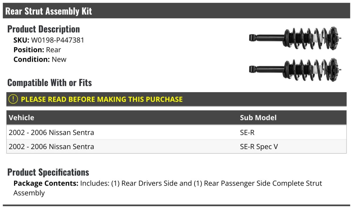 Rear Strut And Coil Spring Assembly Kit 2 Piece Compatible With 2002-2006 Nissan Sentra
