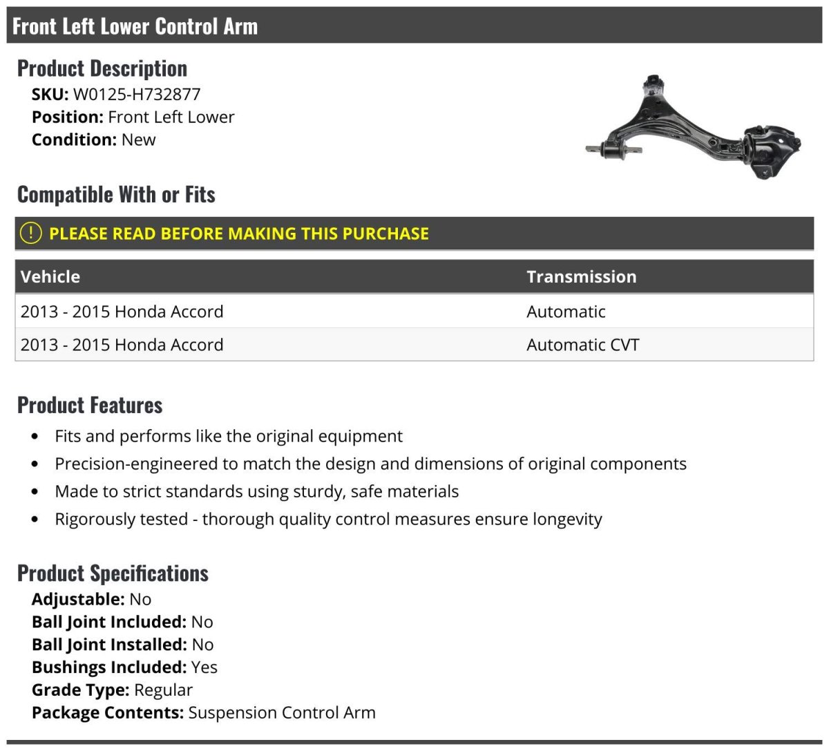 Front Left Driver Side Lower Control Arm For 2013 2015 Honda Accord Automatic And Cvt W0125-h732877