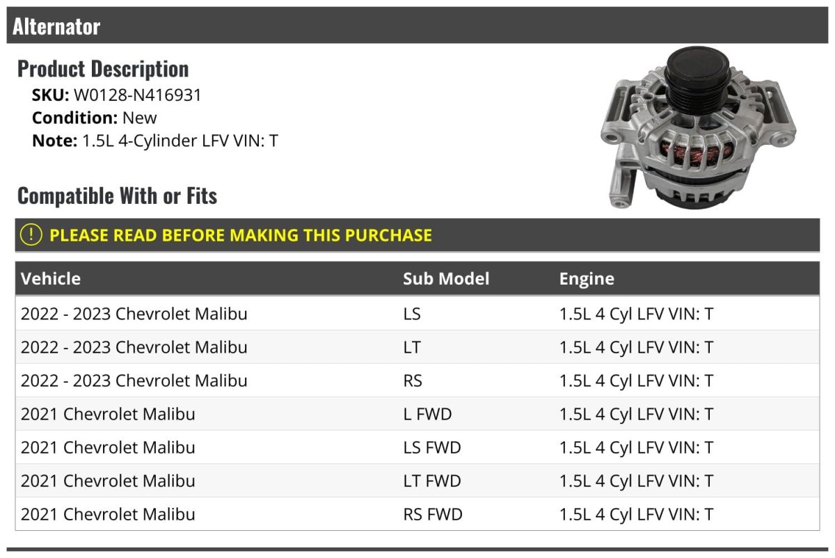 Alternator For 2021-2023 Chevy Malibu 1 5l 4-cylinder Lfv Vin T