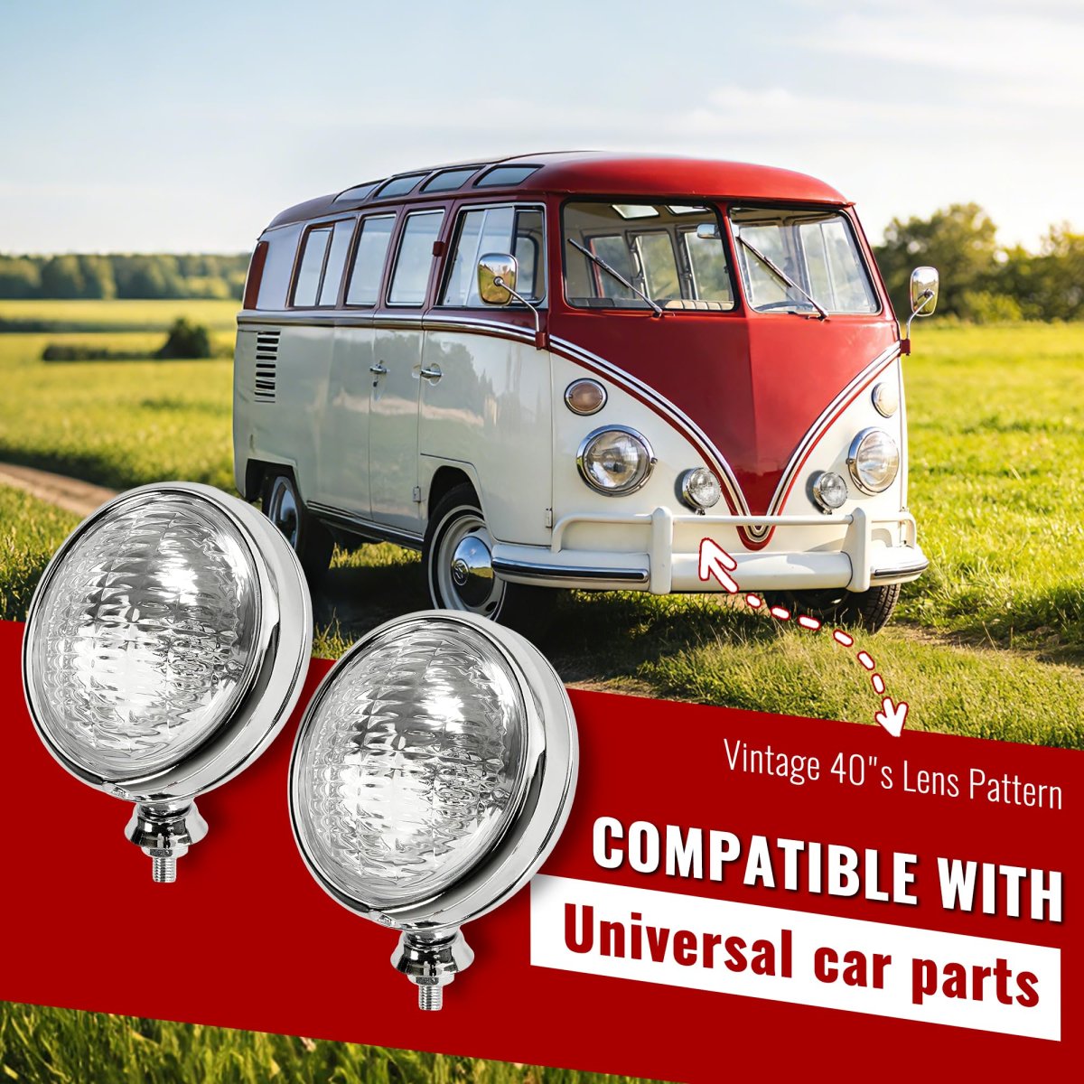 Universal Fit Vintage Style Chrome Fog Lights 12 Volt 35 Watts Clear Lens Steel And Glass With Adjustable Ball Cup Mounting
