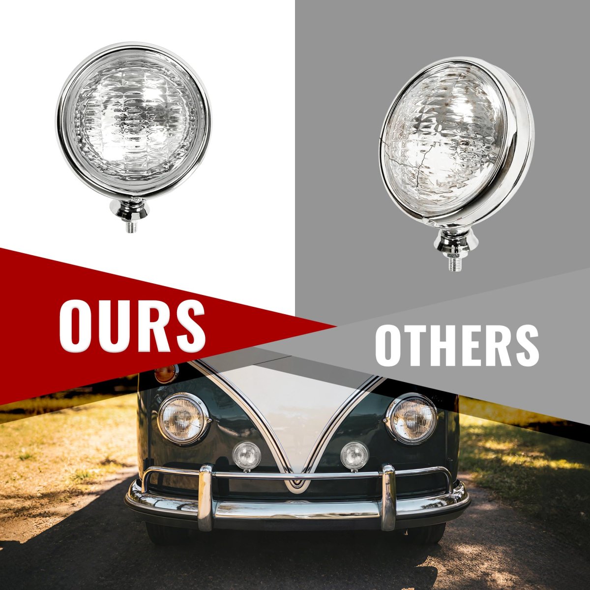 Universal Fit Vintage Style Chrome Fog Lights 12 Volt 35 Watts Clear Lens Steel And Glass With Adjustable Ball Cup Mounting