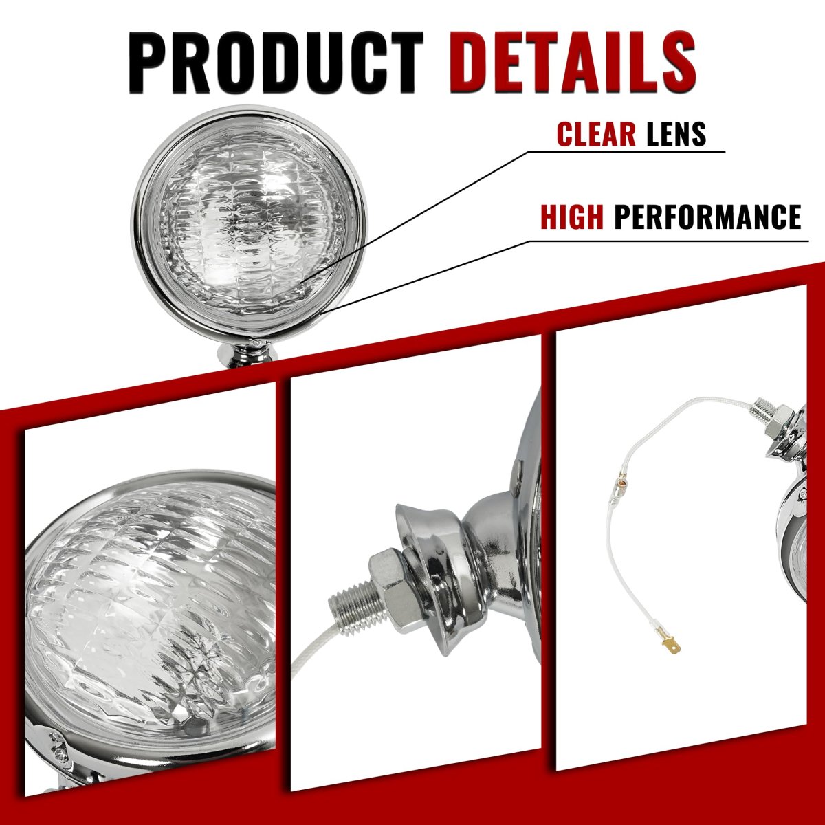 Universal Fit Vintage Style Chrome Fog Lights 12 Volt 35 Watts Clear Lens Steel And Glass With Adjustable Ball Cup Mounting