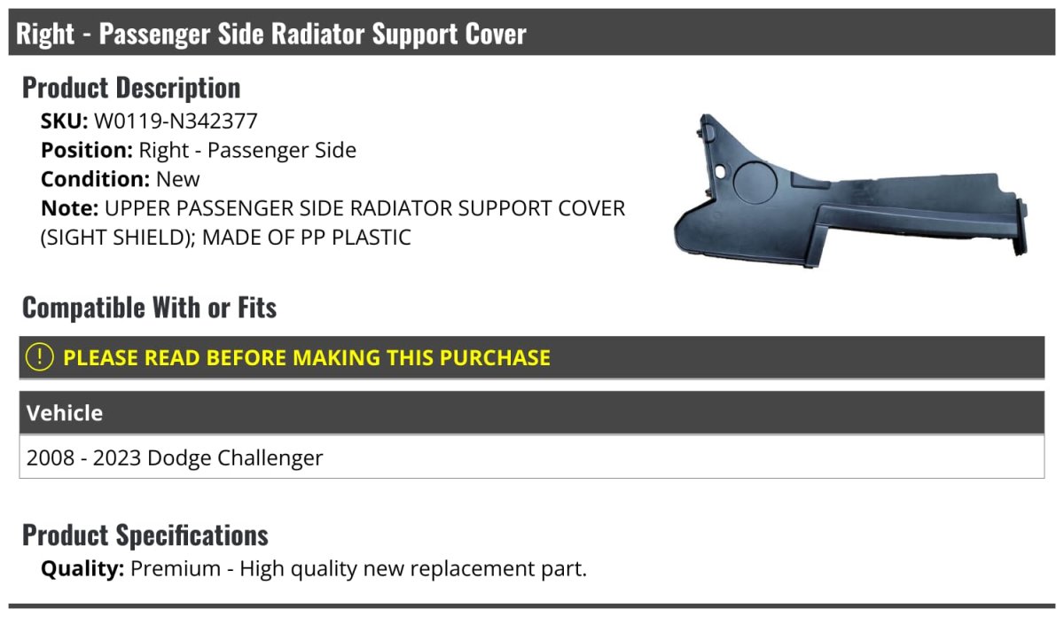 Right Upper Passenger Side Radiator Support Cover Sight Shield For 2008 To 2023 Dodge Challenger Black Plastic Replacement Part