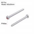 Uxcell M3x30mm Machine Screws Pan Phillips Cross Head Screw 304 Stainless Steel Fasteners Bolts 60pcs